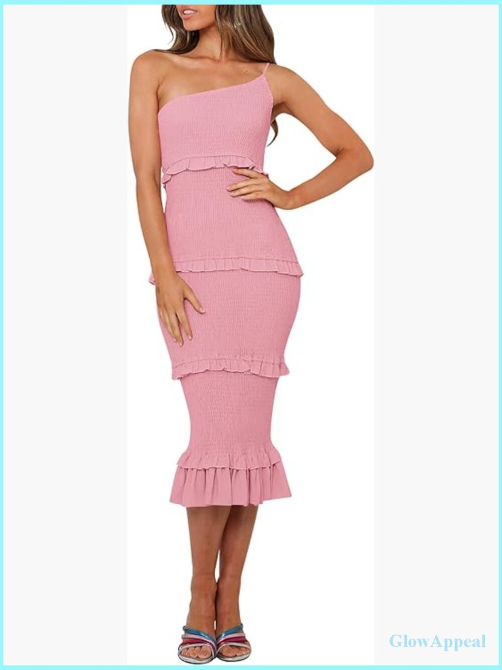 One Shoulder Midi Bodycon Dress Tiered Ruffle Floral Boho Summer